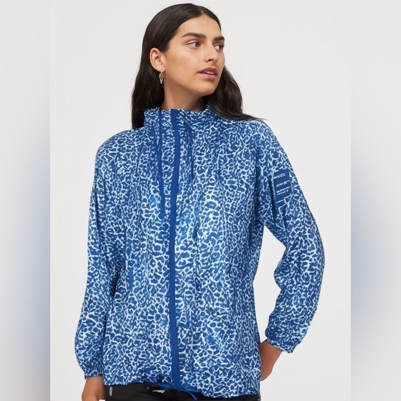 Adidas NEO Blue White Animal Print Wind Breaker Zipper Jacket - Picture 1 of 11